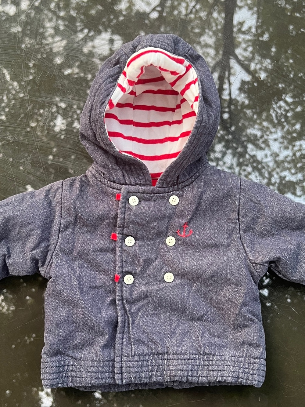 Baby Hooded Double-Breasted Jacket - Navy with Red & White Stripe Lining
